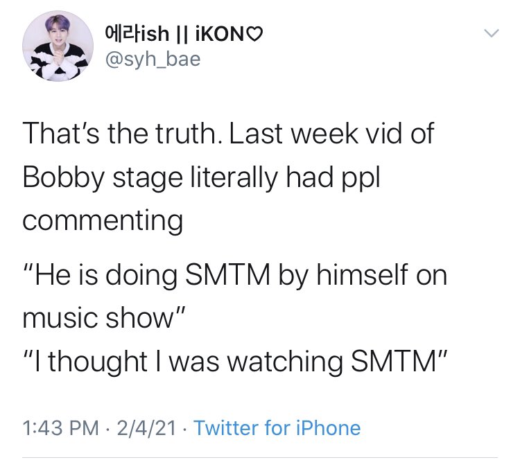 “when bobby comes out for a sec moment i thought i was watching smtm”“he is doing smtm by himself on music show”“its just smtm suddenly became popular after bobby”BOBBY really made an HUGE impact on SMTM. when knetz said MNET should bow down to him, they didn’t lie at all