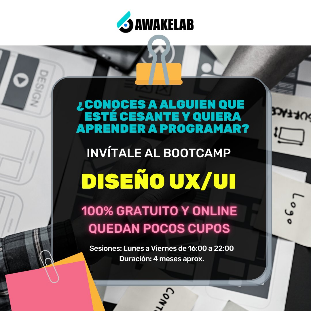 Si tienes un amigo(a) sin trabajo y que quiera aprender a programar ¡invítale al bootcamp Diseño UX/UI 2021! 💪🏻

Oportunidad 100% online y gratuita para potenciar tu desarrollo profesional 👨‍💻

¡Postula aquí! 👉🏻 mtr.cool/dmemputtwk

#bootcamp #uxui #habilidadesdigitales