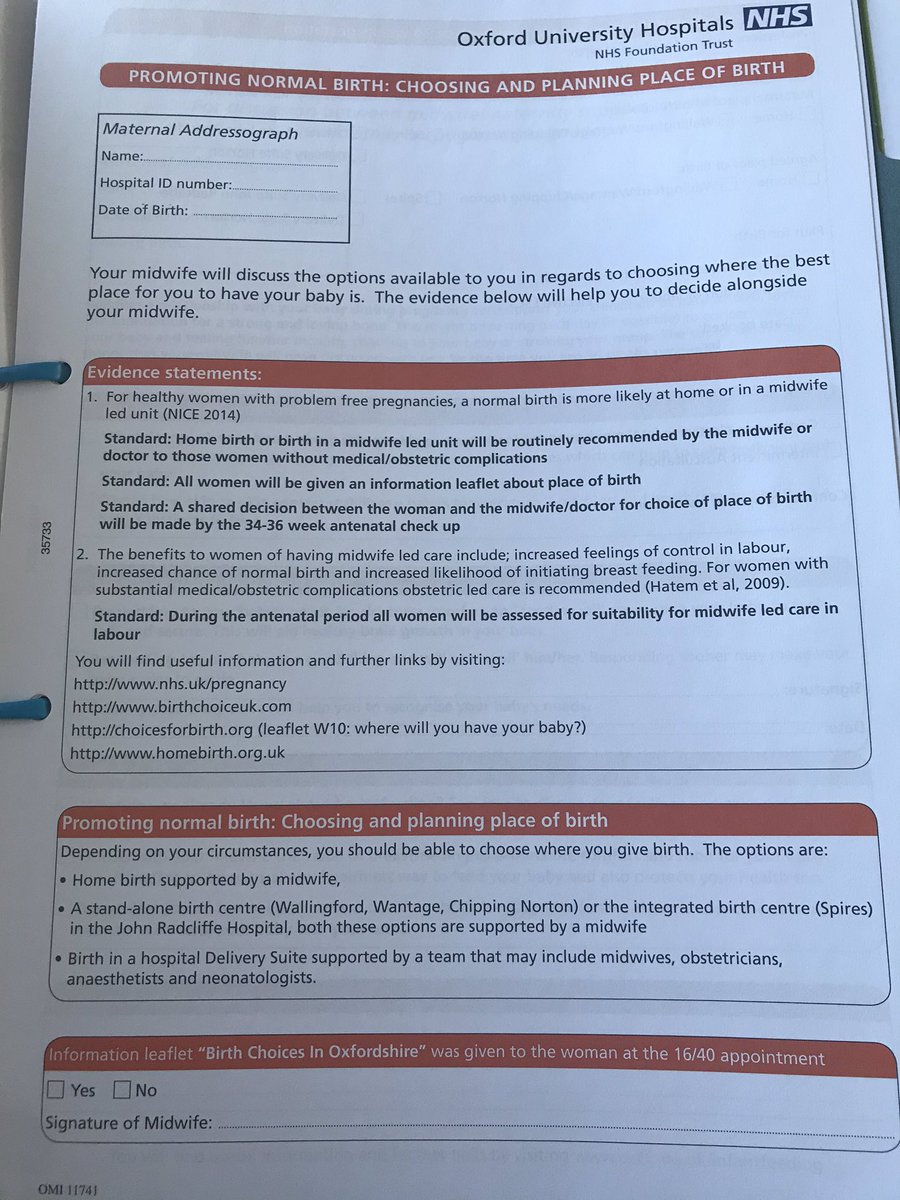 The “PROMOTING NORMAL BIRTH: CHOOSING & PLANNING PLACE OF BIRTH” (16 weeks) sheet has no mention of  #caesarean birth. How does this fully inform women & birthing people of their birth options? How is this respectful or  #ethical? 4/8