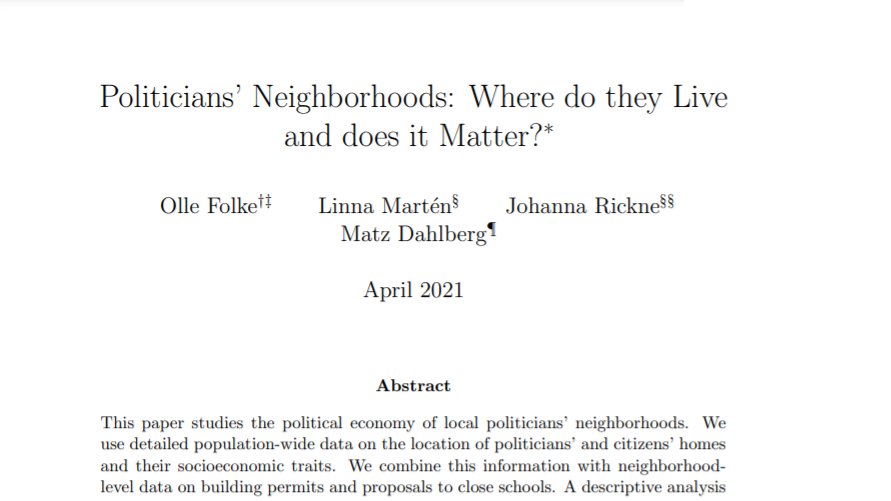 We have a New Working Paper on the political economy of politicians’ neighborhoods! We show that politicians live in richer neighborhoods and protect them from undesirable buildings and the removal of public goods. A thread 1/11, and the Paper:  https://www.nottingham.ac.uk/research/groups/nicep/documents/working-papers/2021/nicep-2021-03.pdf