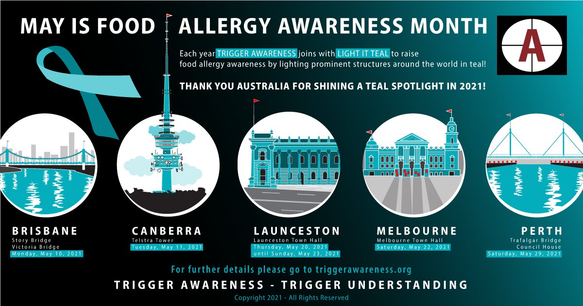 TRIGGERnow's tweet photo. Hey #Australia! Help us @LightItTeal this May. Check out this year's teal-lit locations raising #foodallergyawareness. Take photos and share them with us using the hashtag #triggerawareness #triggerteal #lightitteal. Thanks to all who helped to shine a teal spotlight in 2021! https://t.co/QqODuxxsKi