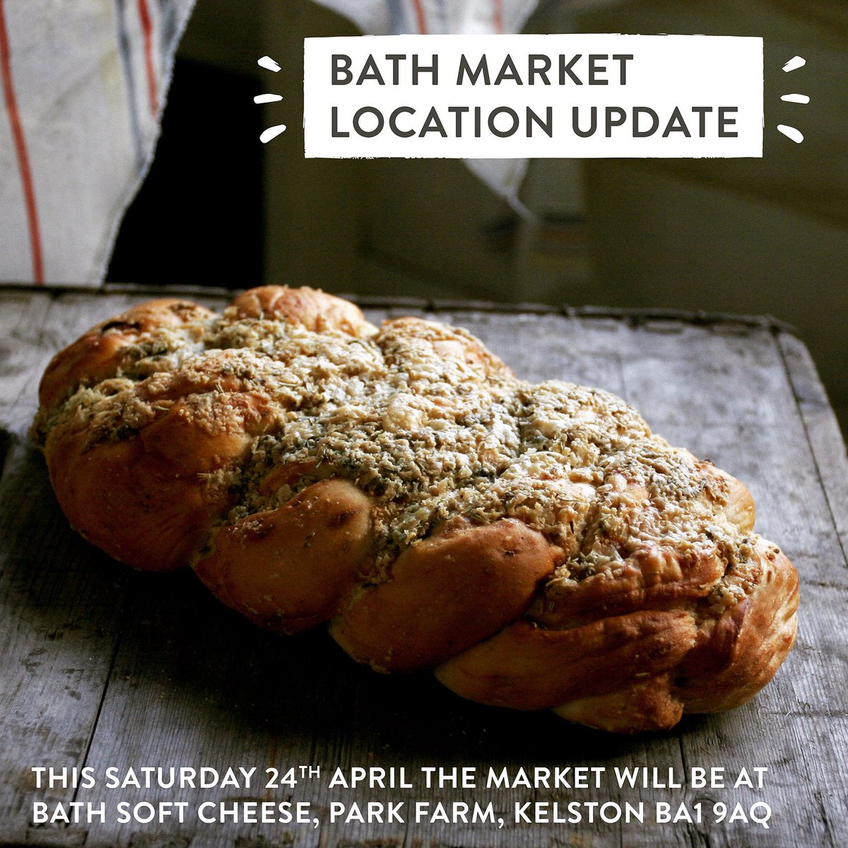 Pullins_Bakery's tweet photo. Due to roof problems at @GPS_Bath the market this Saturday will be held at @BathSoftCheese in Kelston - BA1 9AQ.  Please spread the word!  It will be a lovely location and the weather is set to be perfect ☀️ see you there...

#pullinsbakery #bathsoftcheese #kelston https://t.co/JN5eV05YXl