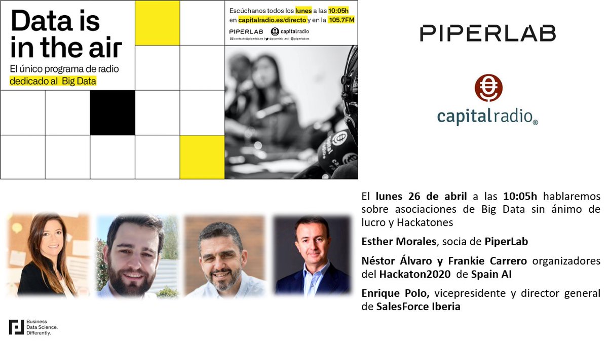 PiperLab_es's tweet photo. El lunes 26 de abril hablaremos con Néstor Álvaro y Frankie Carrero de @Spain_AI_ en #DataIsInTheAir @CAPITALRADIOB 

No te lo pierdas a las 10:05h 🎙️ https://t.co/4z0fu5Ta87