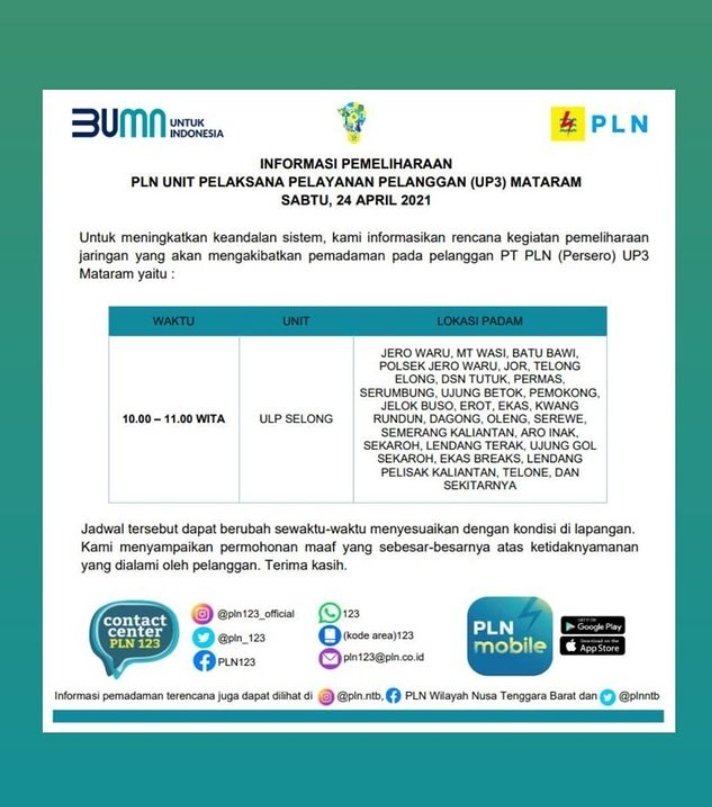 mati lampu tgl 24 april 2021