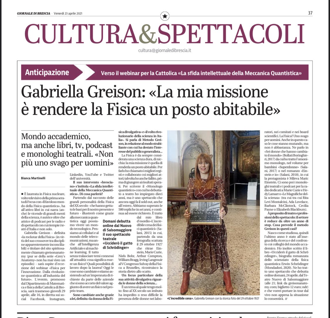 Con l'Università Cattolica, saremo in streaming il 29 aprile alle 16 per parlare del futuro dei fisici, cose pratiche, lavori che nascono, e perchè scegliere questa facoltà (la più bella del pianeta). 
E oggi sul Giornale di Brescia intervista con me greisonanatomy.com ⚡️