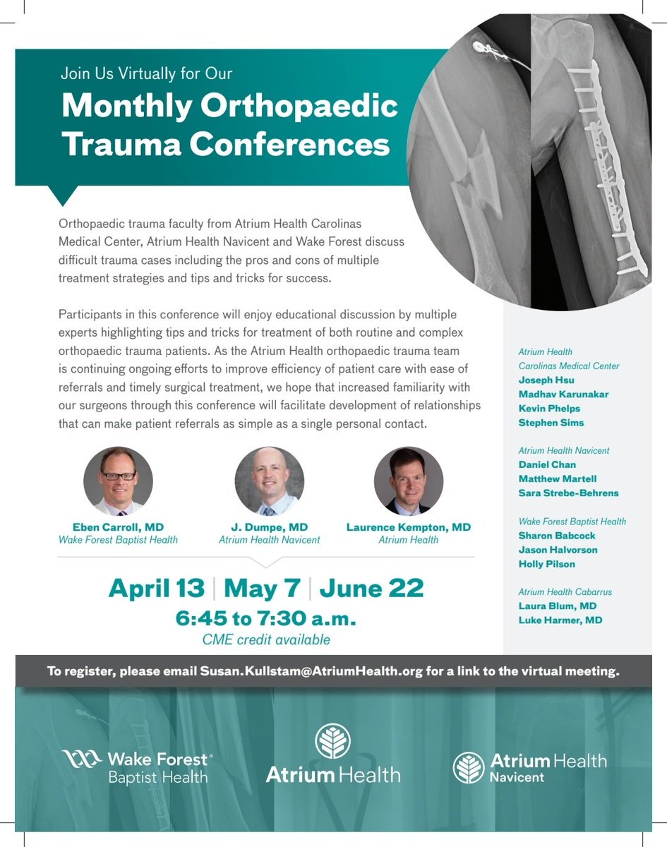 Looking forward to another combined Ortho Trauma Conference on May 7th at 6:45am led by @LBKempton! CME credit available. Email Susan.Kullstam@AtriumHealth.org to get the link. @otatrauma @BigOrthoTrauma