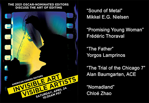 rodreegofilms's tweet photo. @ACEFilmEditors presents the Annual Invisible Art/Visible Artists. This event provides an opportunity for Oscar®-nominated editors to discuss their films, their careers and their craft online and in front of an eager and enthusiastic crowd. Register here: https://t.co/gCLXv3vs83. https://t.co/xMgd0xN87i