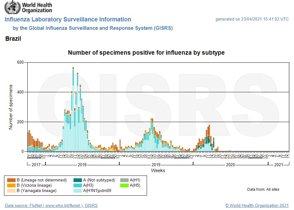 Brazil. Very lax control measures, and a president who urges people to disregard them. A completely skipped flu season. https://apps.who.int/flumart/Default?ReportNo=7