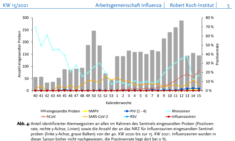 Germany week 15. The opposite of last week. Rhinoviruses and HCoVs turn up as SARS-CoV2 turns back down. Still no flu. https://influenza.rki.de/Wochenberichte/2020_2021/2021-15.pdf