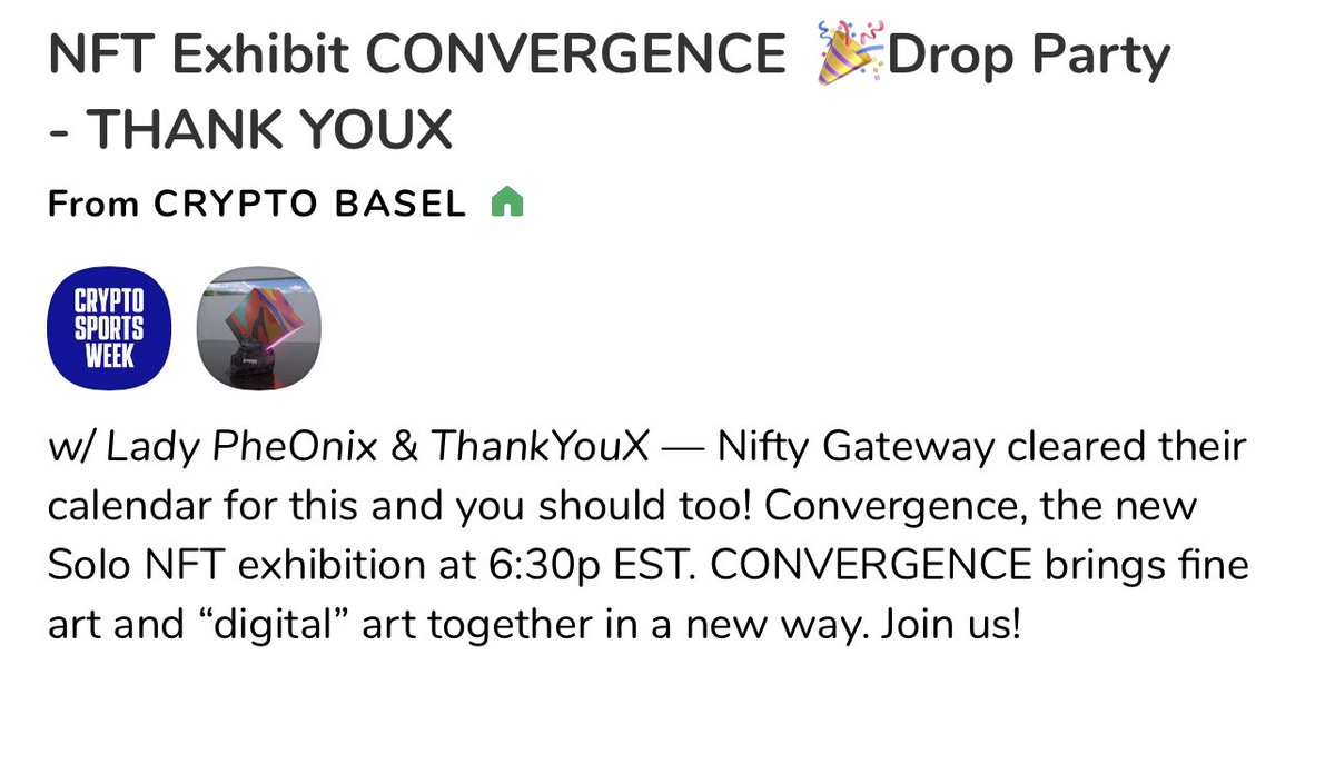 cryptoartadvisr's tweet photo. .@niftygateway cleared their calendar for his solo #NFT exhibition, you should too! Join us for the CONVERGENCE πDrop Party with @ThankYouX hosted by @yesladypheOnix. Today, Apr 23 at 14:30 PDT in #ClubCryptoBasel
TAP IN: π₯
https://t.co/eKTXQZG5vc https://t.co/MGxzUFMfiw