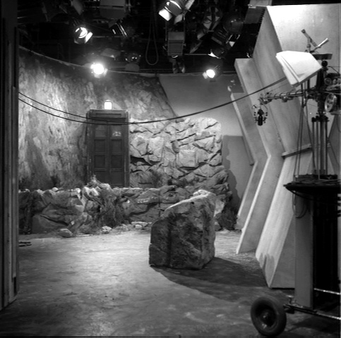 2/ Sharp's first production was The Macra Terror in 1967 for director John Davies. This is the set for the quarry outside the Colony (the TARDIS was situated up on a rostrum) plus the exteriors of the Colony itself with its angled walls.