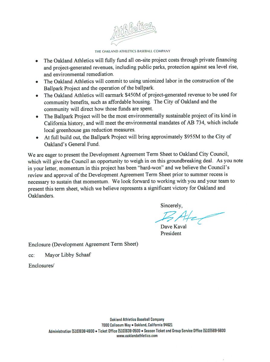 Our letter to the City of Oakland. Beyond the $1B+ privately financed ballpark, the project will generate almost $1B in general fund dollars for the City of Oakland and provide $450M in community benefits, including affordable housing. Boom  Now that is a Grand Slam! (8/10)