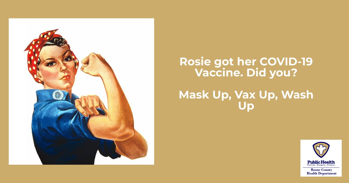 boonecohealth's tweet image. Be like Rosie: Mask Up, Vax Up, Wash Up.