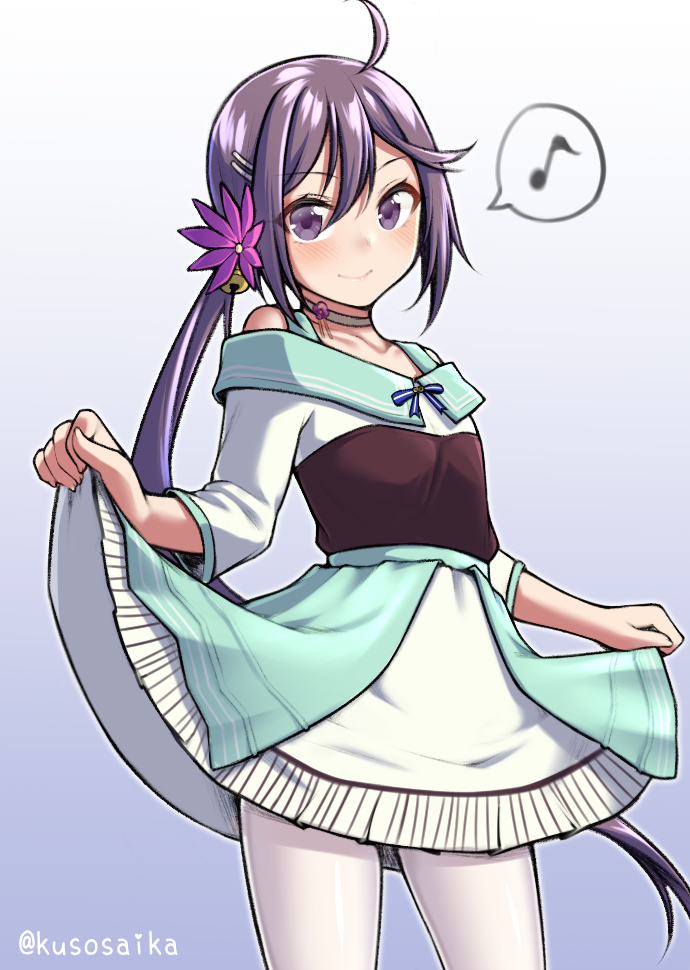 akebono (kancolle) 1girl solo long hair spoken musical note hair ornament jingle bell purple hair  illustration images