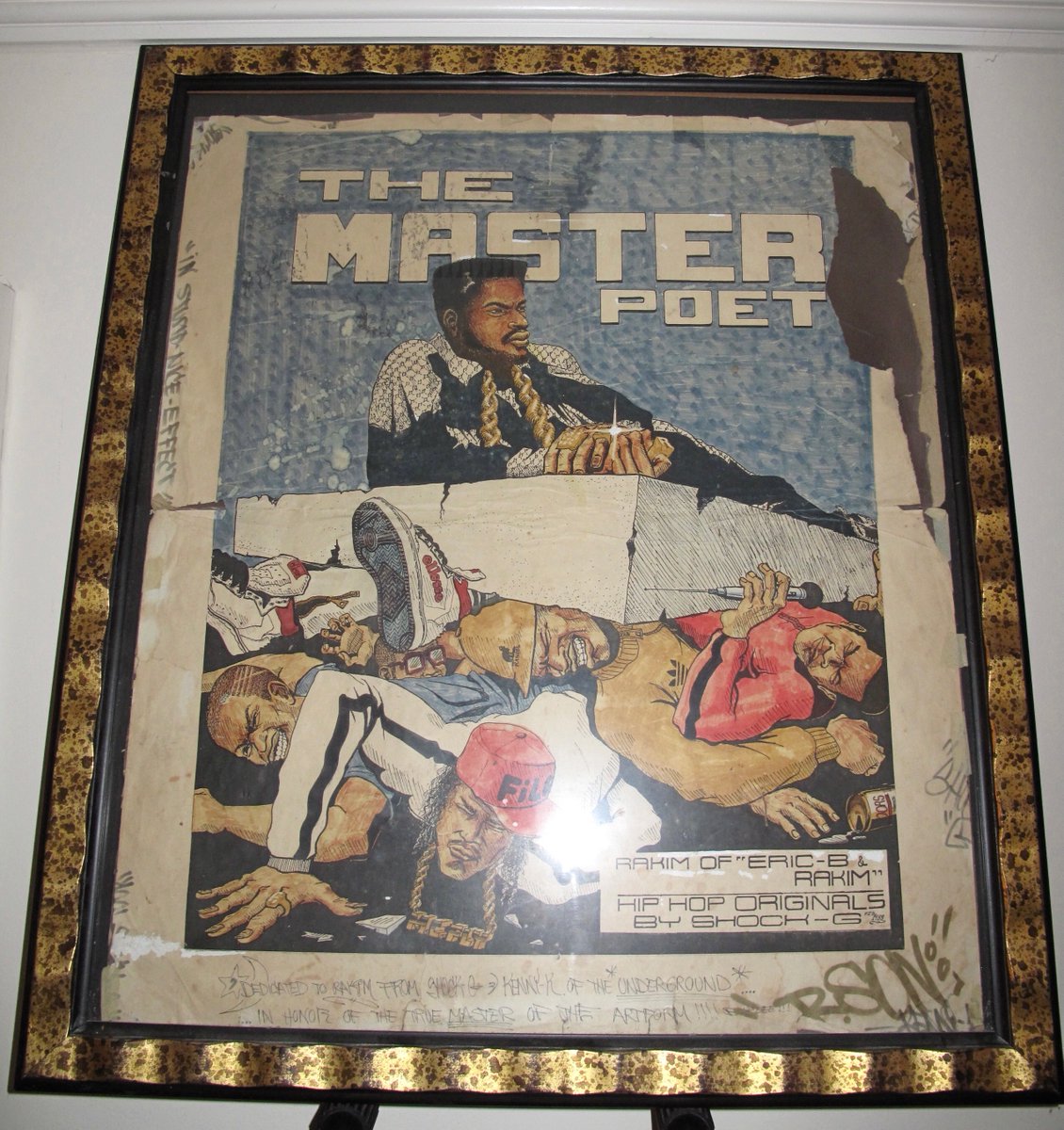 I once went to Rakim’s house, and on his studio wall, he had an amazing poster-sized cartoon of himself on top of a giant cement block, crushing all the other MC’s beneath it. At the top, it said “The Master Poet.” When I looked closer, I couldn’t believe my eyes.  #ShockG