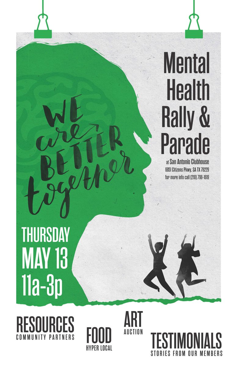 FormCommunities's tweet image. SAVE THE DATE!
•
Celebrate Mental Health Awareness Month with us at the San Antonio Clubhouse next month with a Rally &amp;amp; Parade on Thursday, May 13 from 11 AM to 3 PM!
•
#mentalhealthawareness #mentalhealth #mentalhealthmatters #Clubhouse #EndtheStigma #MentalHealthAdvocacy