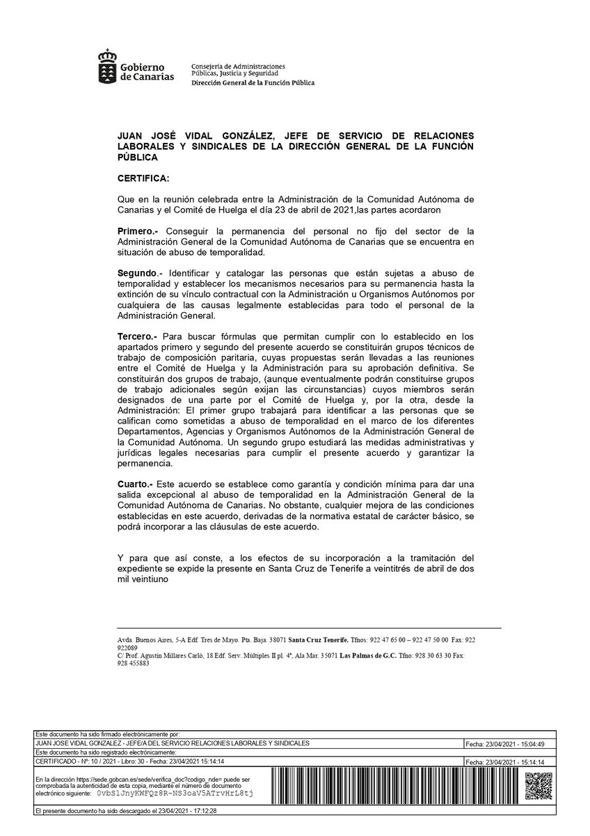 📌Canarias,primera CCAA en firmar un principio de acuerdo con la Administración para resolver el abuso de temporalidad
➡️Solución excepcional para lograr la permanencia del personal en abuso,tal y como propone la expresidenta del TC
⚠️<a href="/julioperezsc/">Julio Pérez</a> estaremos vigilantes 
#FijezaYa