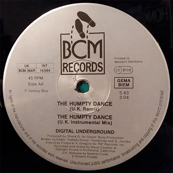 One other fact and then I'll stop. Fatboy Slim remixed "The Humpty Dance" under his Norman Cook moniker for the UK Remixes 12". Cover art by Shock, 1nce again.