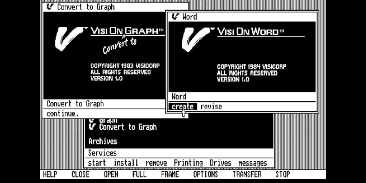 VisiCorp Visi On. Released on December 16, 1983VisiCorp Visi On was a short-lived but influential graphical user interface-based operating environment program for IBM-compatible personal computers running MS-DOS.