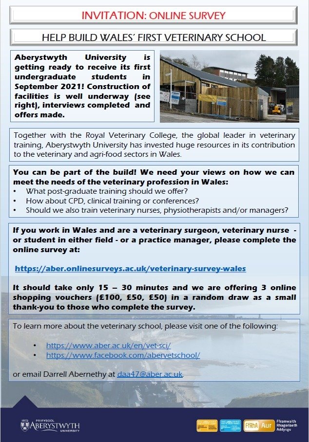 If you work in Wales and a vet, VN or student in either field, or a practice manager, then <a href="/AberUni/">Aberystwyth University</a>, Wales' first vet school is asking you to please complete this survey: aber.onlinesurveys.ac.uk/veterinary-sur…
Only takes 15–30 mins and there's a chance to win prizes for those who complete it.