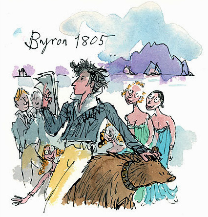  #NationalPetMonth The poet Lord Byron got around Trinity Cambridge's no dog rules by getting a pet bear instead. He couldn't have pulled that stunt at King's as their 15th c. statutes banned pet bears, badgers, foxes, wolves, deer, and 'all wild animals' (image: Quentin Blake)
