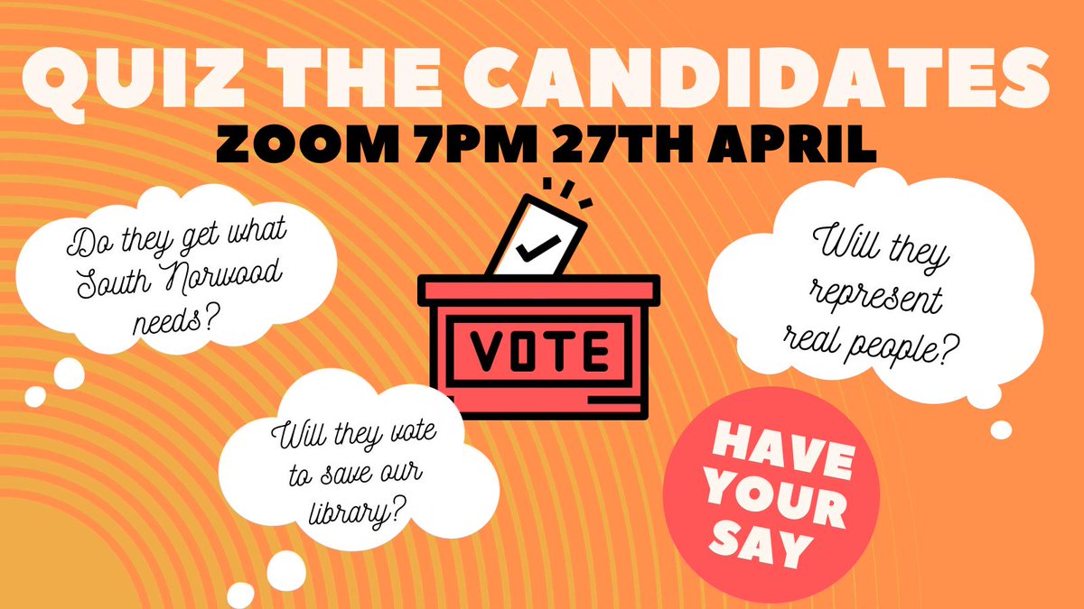 friends_norwood's tweet photo. Have Your Say! Question the council candidates for South Norwood &amp; Woodside in #Croydon about the proposed library closures in our borough ahead of the May 6th election! Sign up here: https://t.co/OSAZp6XKMV https://t.co/dJZ111hxCI