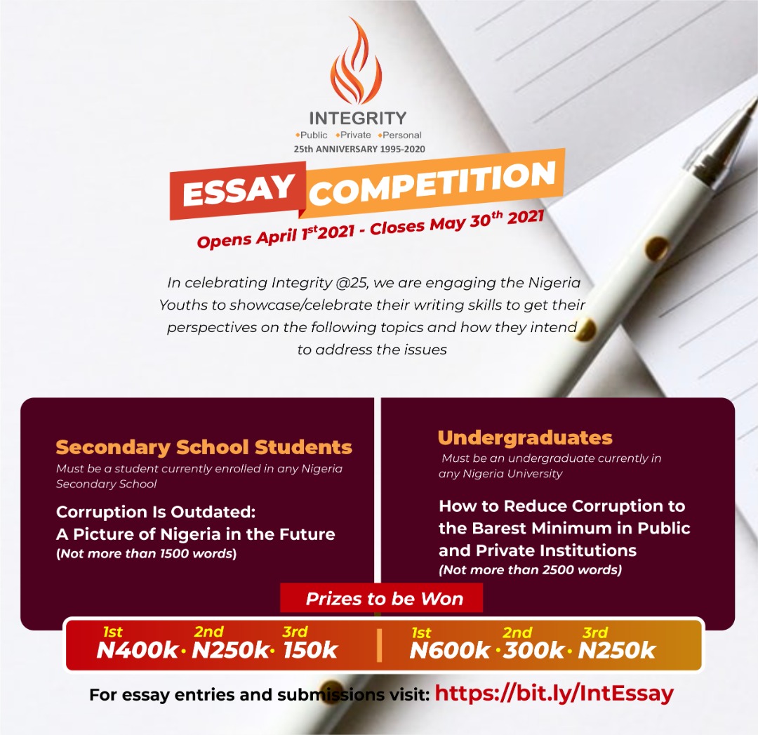 IntegrityNGR's tweet photo. The #IntegrityAt25 Essay Competition for Nigerian students is still ongoing.
A new deadline of May 30th, 2021 has been set in order to accommodate more entries.
Remember to follow all instructions so as to qualify.
See poster for details
Submit here: https://t.co/KRku8L5onb https://t.co/qXy7FuPHGt
