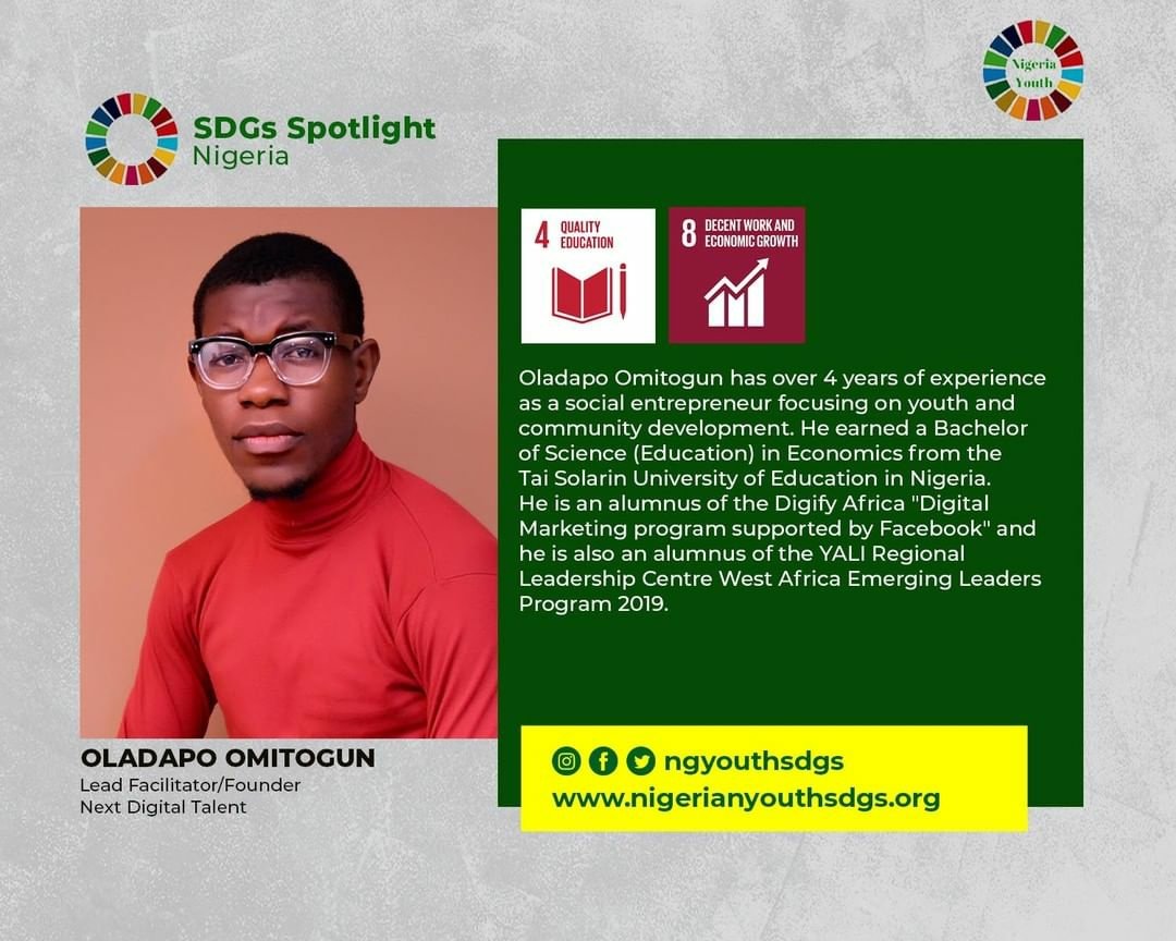 Meet Oladapo @oladapoomitogun, he is taking digital skills to the grassroot though the “Next Digital Talent Project”

Read about his work on our blog- nigerianyouthsdgs.org/oladapo-is-tak… 

#NGYouthSDGs #ChangemakerSpotlight #SDGsSpotlight