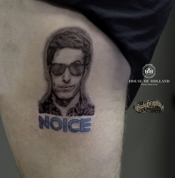 New Leaf Tattoo Emporium on X: "Amazing portrait of Andy Samberg done by Siobhan #houseofhollandtattoos #tattoo #inkonskin #getbooking #getinked #ink #colourtattoo #blackandgreyink #portrait #portraittattoo #noice #brooklyn99 @thelonelyisland https ...