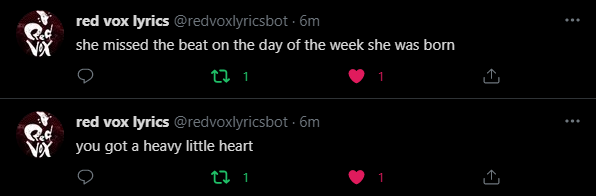 sometimes when  @redvoxlyricsbot double posts it's a beautiful thing