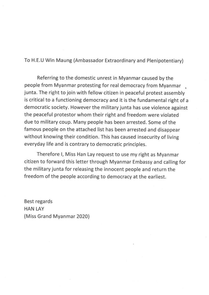 Han Lay (@hanlay76523318) on Twitter photo I know that it's so risky for me but I did it!As a dutiful citizen and woman, I condemne violences to women and brutal cracking down to the civilians. So,I called for release for those who are unjustly being detained! <a href="/UN/">United Nations</a>
#CrimesAgainstWomen
#WhatsHappeningInMyanmar
#Apr23Coup I know that it's so risky for me but I did it!As a dutiful citizen and woman, I condemne violences to women and brutal cracking down to the civilians. So,I called for release for those who are unjustly being detained! <a href="/UN/">United Nations</a>
#CrimesAgainstWomen
#WhatsHappeningInMyanmar
#Apr23Coup