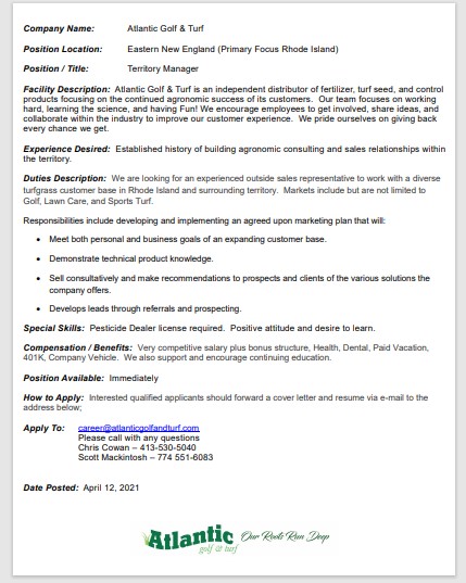 Atlantic Golf Turf On Twitter We Are Very Excited To Announce Atlantic Golf And Turf Is Looking For A New Team Member Territory Manager For Eastern New England With A Primary