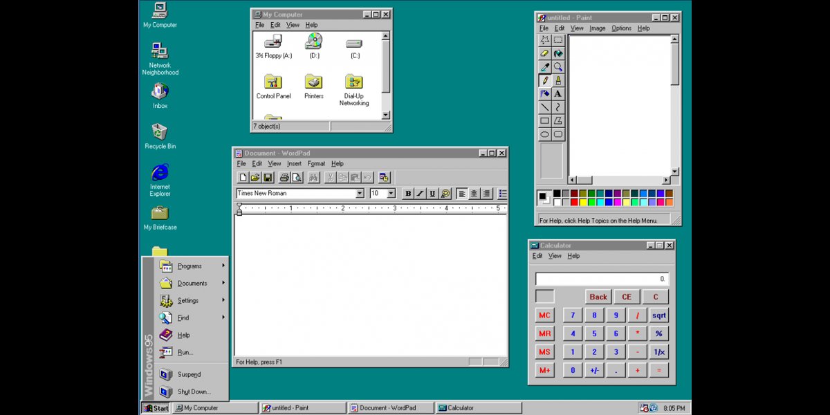 Windows 95, 1995.The user interface was completely re-designed since version 3.x. This was the first Windows version where a small close button was added to each window.This was a huge step forward for Microsoft regarding the operating system itself and the unified GUI.