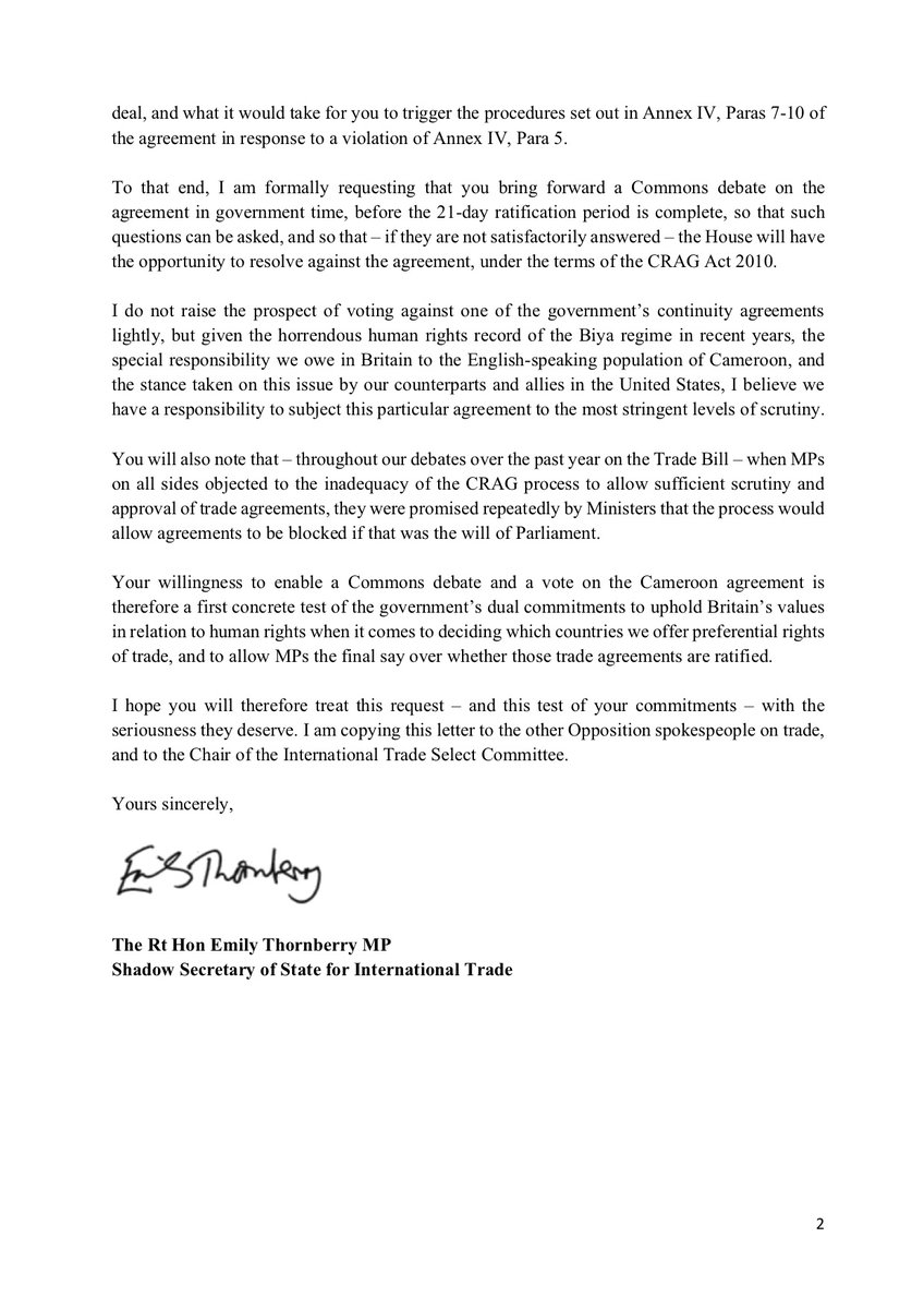 EmilyThornberry's tweet image. If Liz Truss’s past statements on human rights and parliamentary sovereignty mean anything, she must come to the House of Commons, explain why she’s signed a trade deal with the murderous regime in Cameroon, and ask MPs to formally approve it. Read my letter to her below.