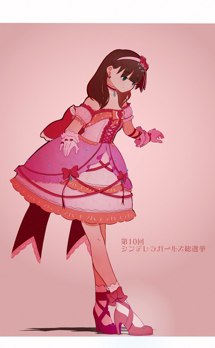 sakuma mayu 1girl solo gloves dress brown hair hairband pink background  illustration images