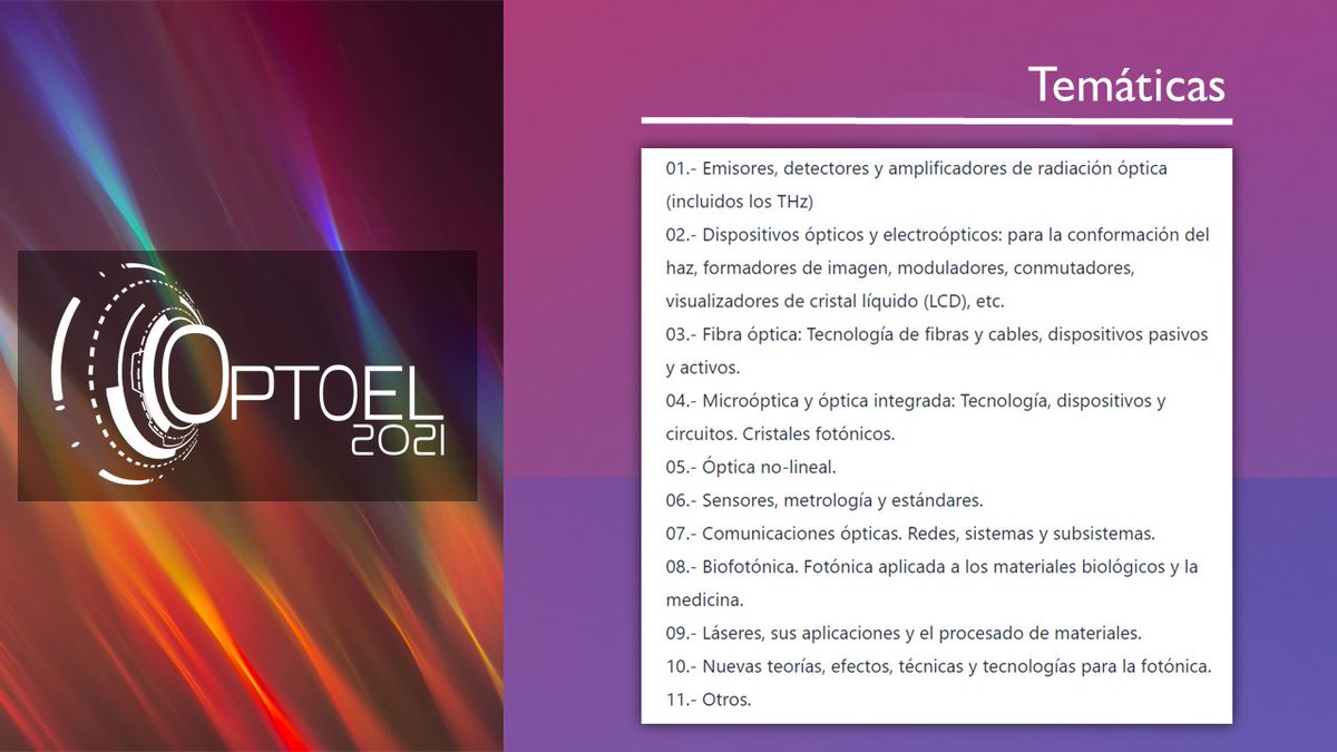 ¡Date prisa! solo queda una semana par que nos puedas enviar tus comunicaciones para el #OPTOEL2021. 
¡Hasta el 30 de abril!
easychair.org/conferences/?c…

Aquí tienes las temáticas
#Microóptica #óptica #fibraóptica #fotónica #láser #optoelectrónica

l=KU7tw7n8qqTnCPhPgeufLJ#