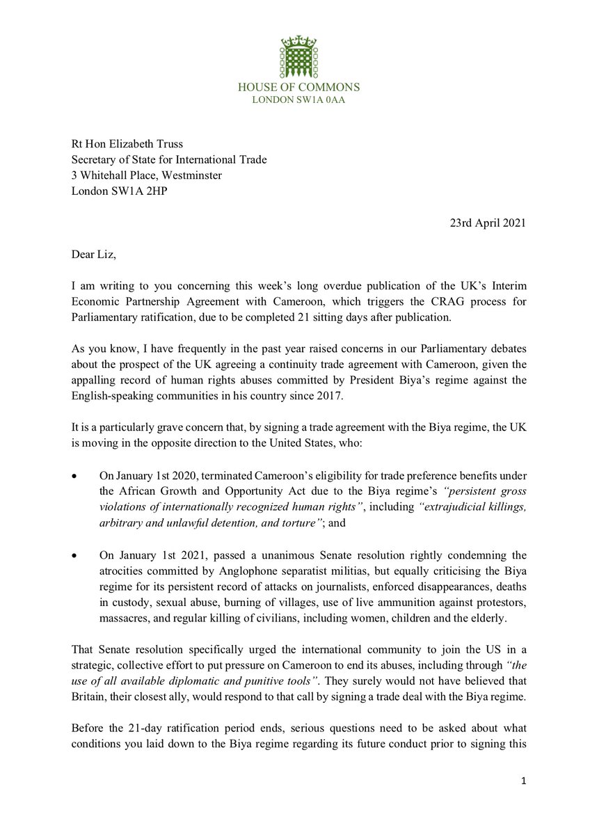 EmilyThornberry's tweet image. If Liz Truss’s past statements on human rights and parliamentary sovereignty mean anything, she must come to the House of Commons, explain why she’s signed a trade deal with the murderous regime in Cameroon, and ask MPs to formally approve it. Read my letter to her below.