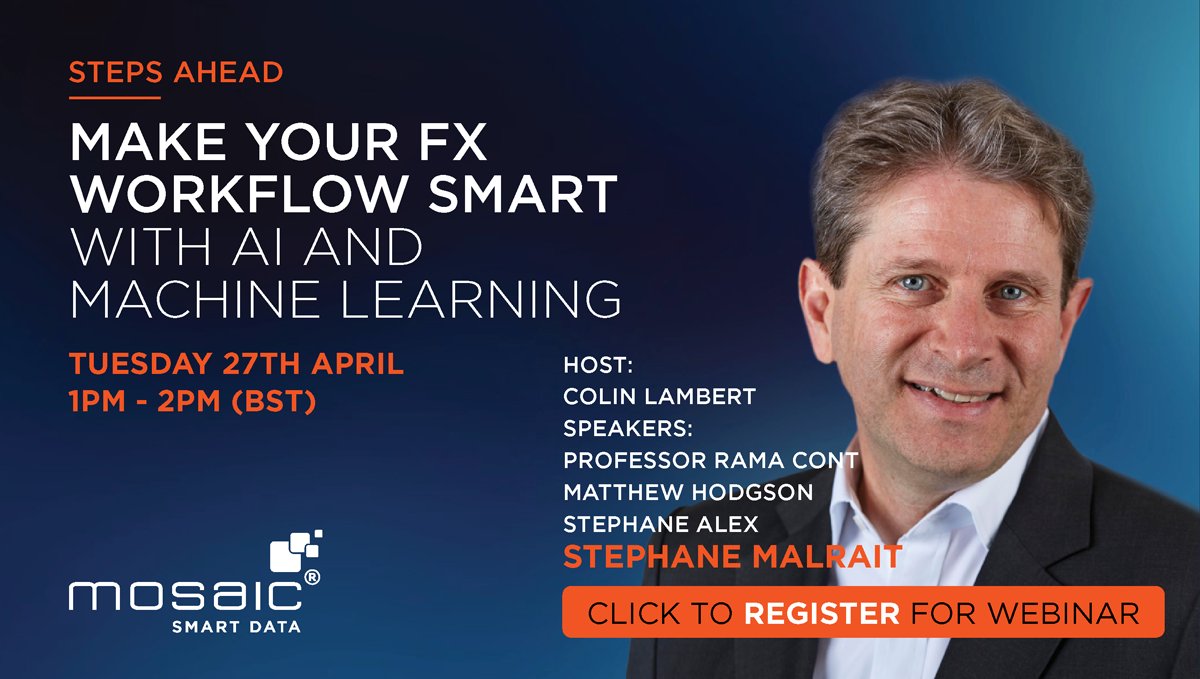 Join our webinar and learn from an expert panel how to use AI and machine learning to optimise the whole FX workflow, from pre- and post-trade analysis to trade execution, risk management and reporting.

Click to register today: eventbrite.co.uk/e/artificial-i…