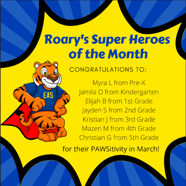 RoaryEAS_FTPS's tweet photo. Its Roary! Wow, look at all of the superheroes we had in March at EAS! Keep showing PAWS! Personal Best, Act Responsibly, Work and Play Safely, Show Respect! #eastigers  
@RomeroVP_FTPS https://t.co/7YWO9IVPSP