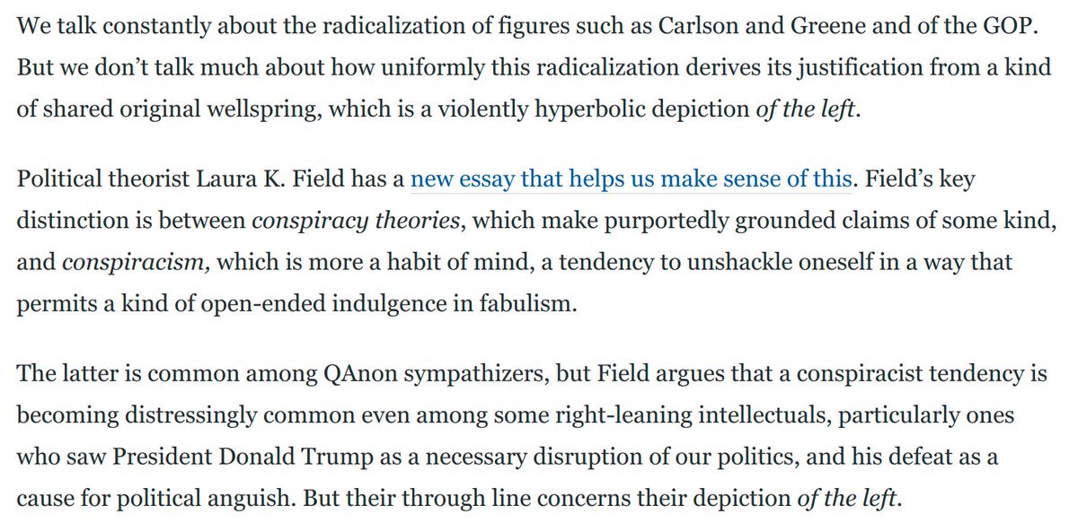 The radicalization of Tucker and Majorie Taylor Greene derives justification from a shared original wellspring, a violently hyperbolic depiction of the left.I relied on an essay by  @lkatfield about the "conspiracism" of the Trumpist intellectual class: https://www.washingtonpost.com/opinions/2021/04/21/tucker-carlson-marjorie-taylor-greene-reaction-chauvin-conviction/