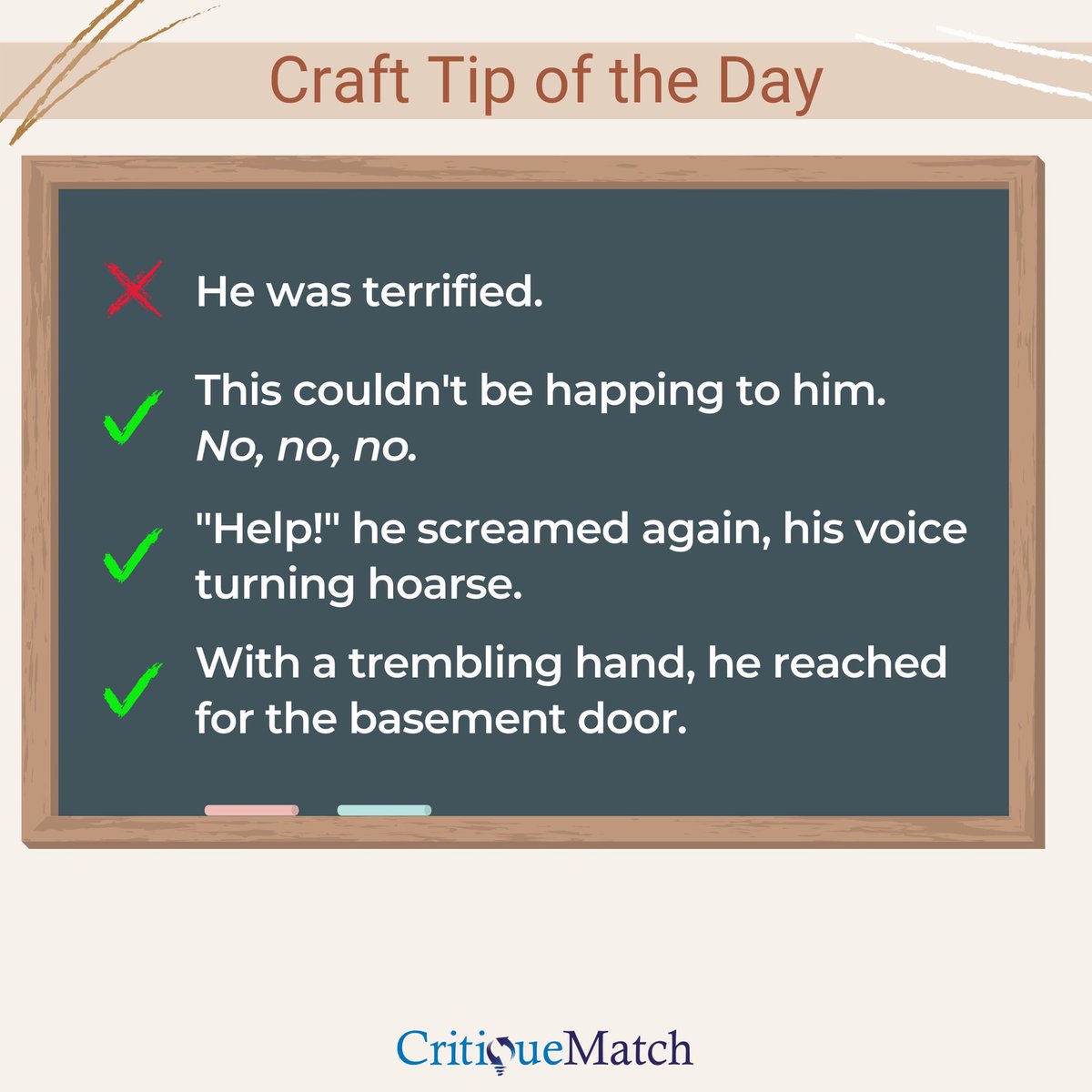 CritiqueMatchNY's tweet photo. Showing, not telling emotions can be hard! Here are a couple of examples of showing vs. telling.
#writingtip #writingcraft
#critiquepartner #betareader #cp #amwriting #writingcommunity #writing #critiquematch
#amediting #writerscafe #aspiringwriter https://t.co/CTbz7OCW7z