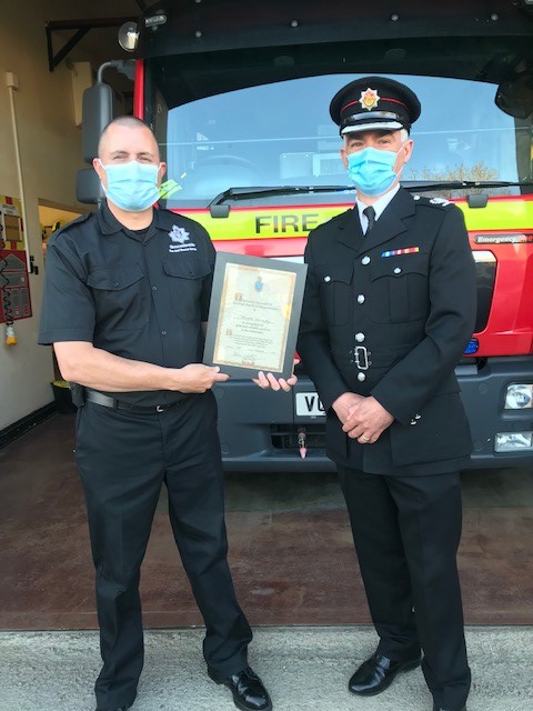 Glosfire's tweet photo. Huge congratulations to Ff Stewart Kennedy from Fairford Station in receiving the Gloucestershire High Sherriff Award for his exemplary work in supporting COVID response in Gloucestershire during the last 12 months. A credit to the Service https://t.co/qZbSKNg0q7