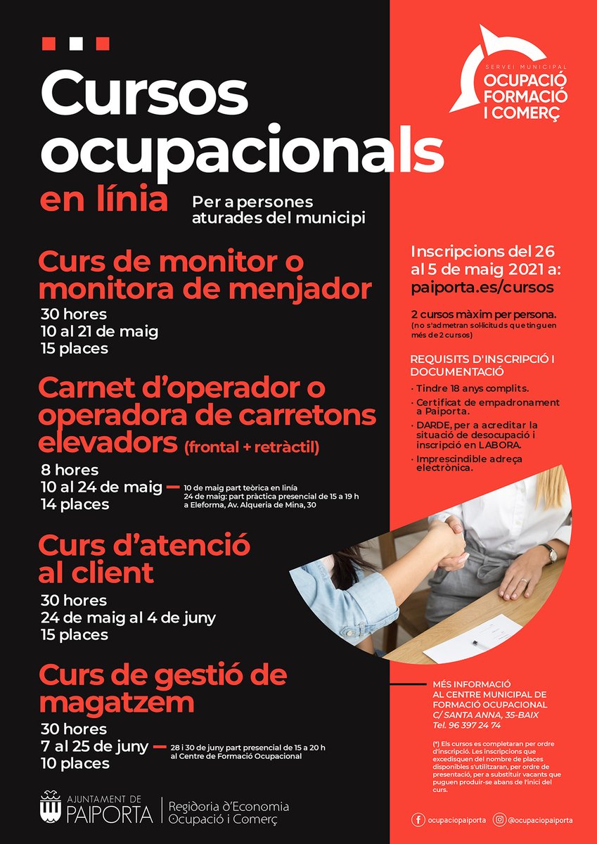 Ajunt_Paiporta's tweet photo. 🆕 Nova convocatòria de cursos en línia per a persones desocupades de #Paiporta
🥄 Monitora/monitor de menjador
👷‍♀️👨‍🏭 Operadora/operador de carretons elevadors
🏪 Atenció a clientela
🏭 Gestió de magatzem
✅ Apunta't fins al 5 de maig 🔗 https://t.co/oWUmaA1NJ9
#OcupacióPaiporta https://t.co/mmeXlQLazF