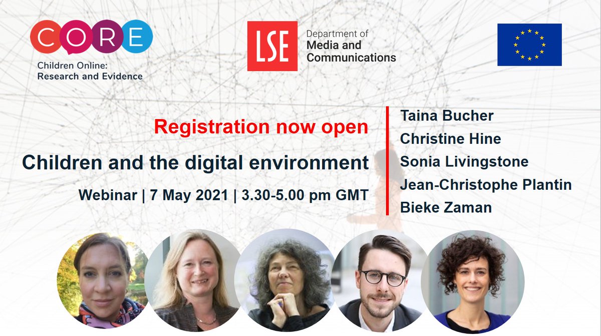 Mariya Stoilova (@mariya_stoilova) on Twitter photo 📢 Registration open: Children and the digital environment
Discussing with:
➡️ <a href="/tainab/">Taina Bucher</a>
➡️Christine Hine <a href="/DigiSocSurrey/">Digital Societies @SurreySociology</a>
➡️ <a href="/Livingstone_S/">Sonia Livingstone</a>
➡️ @JCPlantin
➡️ @biekezaman
📆 Friday, 07 May 2021
⏰ 15.30-17.00 GMT
👉bit.ly/digitalWP5
<a href="/CORE_H2020/">CO:RE H2020 🇪🇺</a> theory webinar w <a href="/MediaLSE/">LSE Media & Communications</a> 📢 Registration open: Children and the digital environment
Discussing with:
➡️ <a href="/tainab/">Taina Bucher</a>
➡️Christine Hine <a href="/DigiSocSurrey/">Digital Societies @SurreySociology</a>
➡️ <a href="/Livingstone_S/">Sonia Livingstone</a>
➡️ @JCPlantin
➡️ @biekezaman
📆 Friday, 07 May 2021
⏰ 15.30-17.00 GMT
👉bit.ly/digitalWP5
<a href="/CORE_H2020/">CO:RE H2020 🇪🇺</a> theory webinar w <a href="/MediaLSE/">LSE Media & Communications</a>