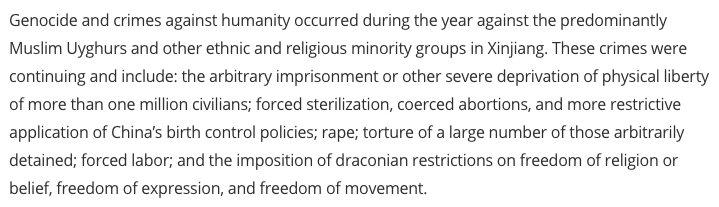 The report goes into more detail than the authors suggest. It looks an awful lot like they hit ctrl-f for "genocide" and didn't read the report in detail beyond that. The para from the exec summary is below. Guess what--all of the crimes listed here are described in more detail.