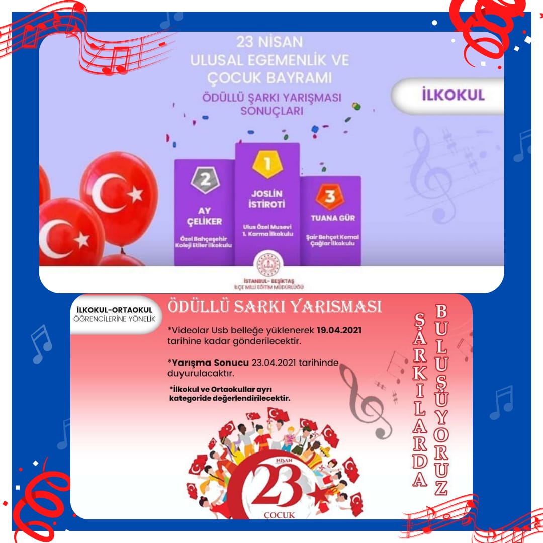 Beşiktaş İlçe Milli Eğitim Müdürlüğümüzün 23 Nisan Ulusal Egemenlik ve Çocuk Bayramı dolayısıyla düzenlemiş olduğu Şarkı yarışmasında Öğrencimiz Ay ÇELİKER "Çocuğum ben bu benim bayramım" adlı şarkıyı seslendirmiş ve İlçe 2.cisi olmuştur. 👏🎶
@Sinembetiler <a href="/VIOLINBJK/">CEMAL CITLI</a>