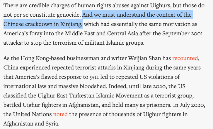 Paragraphs 4 and 5: I want to reproduce these in full below. The fact of the matter is we DO NOT need to understand the context of the Chinese crackdown in Xinjiang. Literally NOTHING excuses the ongoing crimes, however we define them.