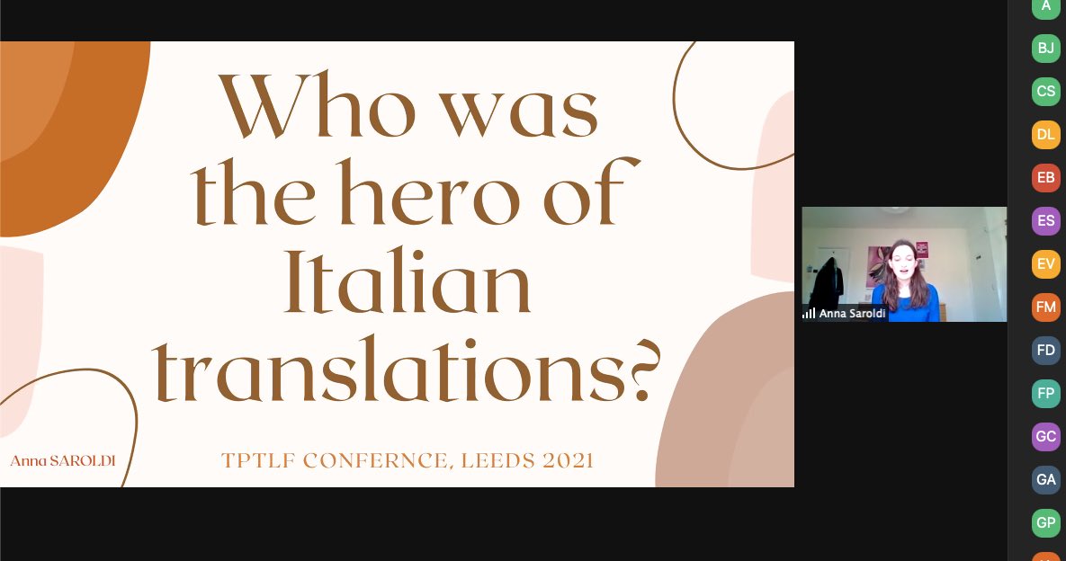tptlf21's tweet photo. A translation showdown, @AnnaSaroldi (@UniofOxford) delivers her exciting paper “#WilliamWeaver, #MargueriteCaetani and #HelenWolff. Who was the hero of #ItalianTranslations?”. #Weaverwave #tptlf21 #italianliterature #translationstudies @OxfordCCT https://t.co/YqcfIyV08X