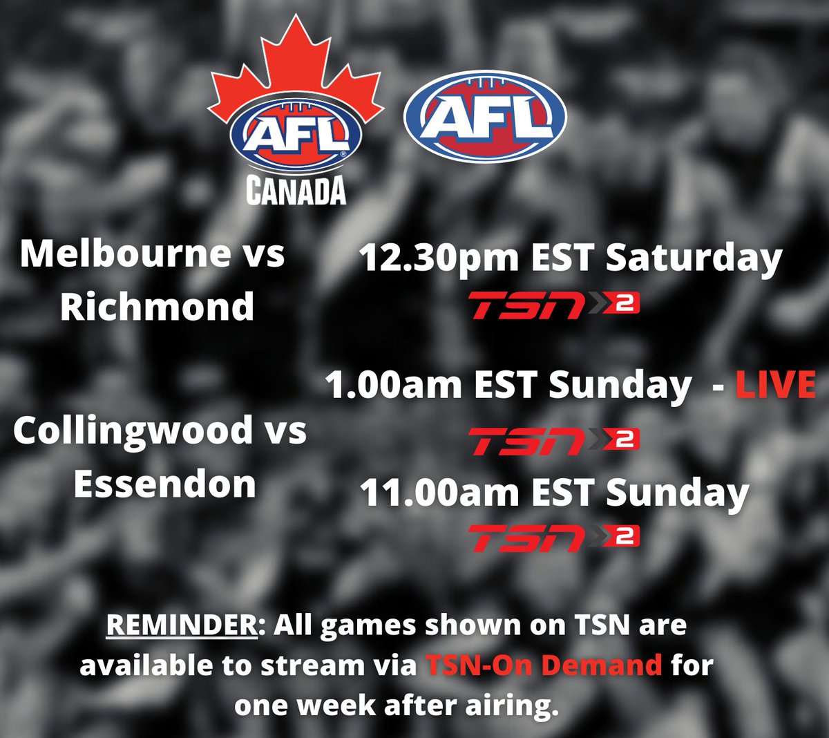 How about some of these games on TSN this weekend?🤯🤯

A beauty between the Dees and the Tiges and the ANZAC Day match (TWICE)!!

NOW is the time to get your friends to tune in!

#JoinAFLCanada