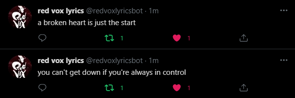 sometimes when  @redvoxlyricsbot double posts it's a beautiful thing